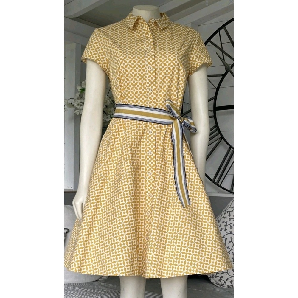Boden Sophia Geometric Cotton Cottage Tie White Fit Flare Belted Shirt Dress 12R